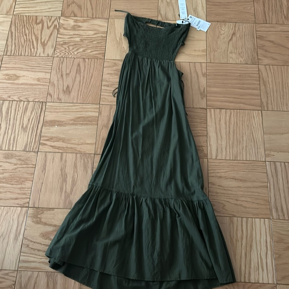 Zara Olive Green Linen Strapless Maxi Dress